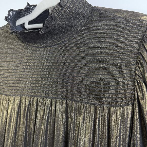 Alex Marie Gold Metallic High Neck Maxi Dress Size 10 Smocked Tiered Castlecore - Picture 8 of 16